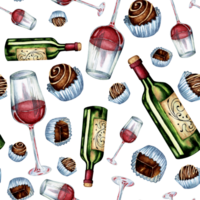 Watercolor seamless pattern of wine and sweets. A repeating illustration of a bottle of wine, a glass of red wine and chocolates on a substrate. Isolated . Drawn by hand. png