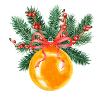 Yellow ball for decoration in fir, pine branches, holly, ilex and red bow. Watercolor illustration of Christmas and New Year decor. Isolated. Drawn by hand. png