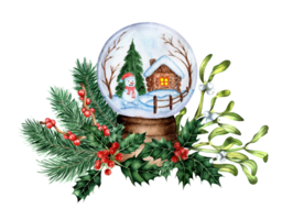 A souvenir ball with snow decorated with fir branches, mistletoe and holly. Watercolor decor snowman, hut and trees in a glass ball. Isolated. Drawn by hand. png