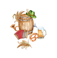 Bier Festival, bestehend aus von Elemente von hölzern Bier Fass, Grün Hut mit Feder, Akkordeon, Horn, Bier Becher, Brezel und Weizen Aquarell Illustration. Ideal zum Urlaub Entwürfe, Einladungen png