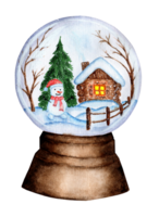 Christmas winter watercolor snow globe with hut and fence, snowman, spruce and trees. Glass ball on stand with winter landscape isolated. Drawn by hand. png