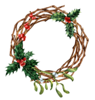 Christmas and New Year's decor with a wreath of branches. Watercolor illustration of a wreath in country style from twigs, holly, ilex and mistletoe. Isolated. Drawn by hand. png