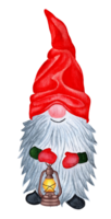 A cute gnome in a red cap and mittens, with a long gray beard and a lantern in his hand. Watercolor illustration of a Scandinavian gnome for Christmas and New Year. Isolated. Drawn by hand. png