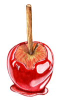 Apple covered with sweet caramel. Watercolor illustration of a caramel apple on a stick. Festive treat Christmas, New Year, Halloween. Isolated. Drawn by hand. png