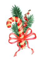 Decor spruce branch with caramel, holly, ilex and red ribbon. Watercolor Christmas and New Year illustration for decoration. Isolated. Drawn by hand. png