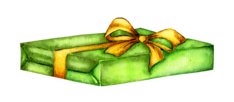 Watercolor green gift box tied with yellow ribbon. Surprise, gift, compliment isolated. For Christmas, New Years Eve, Birthday, Valentine's Day. Drawn by hand. png
