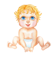 Watercolor cute little baby with big blue eyes sits in a diaper. Childrens cartoon illustration isolated. Drawn by hand. png