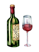 Green Wine bottle with a beautiful label and a filled glass. Watercolor illustration of alcoholic drink isolated. Drawn by hand. png