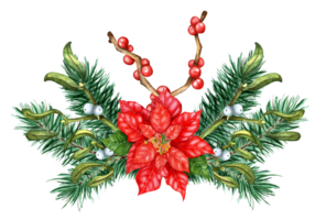 Christmas bouquet of fir branches, mistletoe, poinsettia, Holly, Ilex. Watercolor illustration of festive decor from branches of winter plants. Isolated. Drawn by hand. png