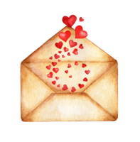 Watercolor envelope from which hearts fly out in a whirlwind. Realistic mail or letter for congratulating mother and woman's day. Isolated. Drawn by hand. png
