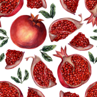 Seamless pattern of whole pomegranate and slices. Watercolor repeating illustration of pomegranate fruits, seeds, slices and leaves. Isolated. Drawn by hand. png