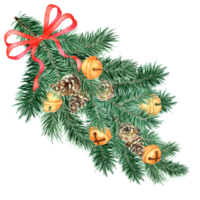 A large and fluffy branch of spruce, pine with decorations and a ribbon. Watercolor Christmas and New Year tree of coniferous branches and cones with bells. Christmas decorations. Isolated. Drawn png