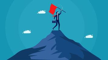 businessman on top of mountain holding red flag vector