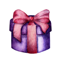 Watercolor illustration of a round purple box with a pink bow. Gift box for Christmas and New Year, Valentine's Day and Birthday. Isolated. Drawn by hand. png