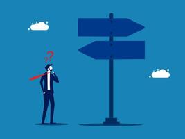 Making choices. Businessman thinking with question mark. Choose between 2 direction signs vector