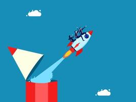 Develop innovation. Business team flying with rocket soaring from pencil vector