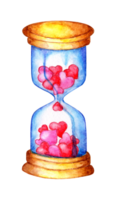 Watercolor hourglass with pink and red hearts instead of sand. Time to love. Valentine's day, wedding, romantic evening. Isolated. Drawn by hand. png