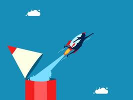 Imagination, innovation. Businesswoman flying with rocket soaring from pencil vector