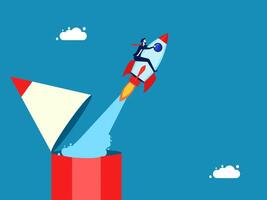 Imagination, innovation. Businessman flying with rocket soaring from pencil vector