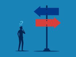 Decide left or right. Businessman thinking with question mark choosing between two directional arrows vector