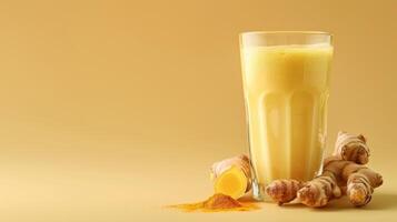 Golden Turmeric Milk and Fresh Root Presentation photo