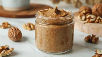 Creamy Homemade Walnut Butter in Glass Jar photo
