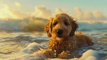 Goldendoodle Puppy Enjoying the Sea photo