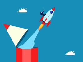 Imagination, innovation. businesswoman and Rocket soaring out of pencil vector