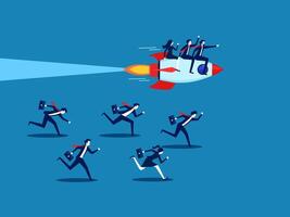 Gain a business advantage. team Business flies in rocket over crowd of business people vector