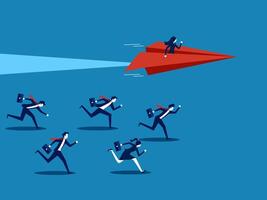 Winning leader. A businesswoman flying with a paper airplane wins a business competition vector