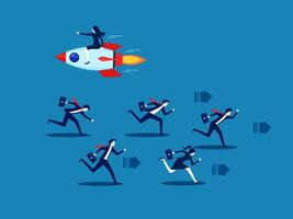 Creativity is an advantage. Businesswoman flying a rocket in a different direction from other competitors vector