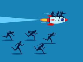 Competitor advantage. Businessman flies in rocket over crowd of business people vector