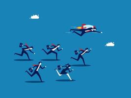 Gain a business advantage. Businessman flies in rocket over crowd of business people vector