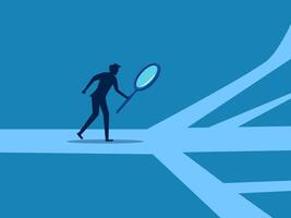 Find the path to success. Businessman analyzes walking path with magnifying glass vector