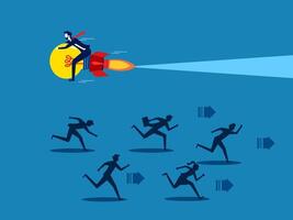 Think differently. businessman flies on a light bulb in the opposite direction to his competitors vector