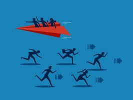 Creativity or advantage. Businessman flying in a paper plane in a different direction from other competitors vector