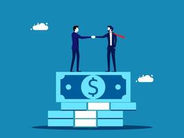 Talking about money. Businessmen holding hands on stack of banknotes vector