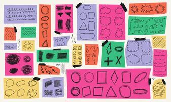 A collage of different colored papers with a variety of hand-drawn sketches and doodles. Lines, arrows shapes, scribbles, frames and strokes. Notebook page pen and markers doodles. vector