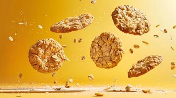 Flat and Crispy biscuits on yellow background photo