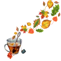 Herbst Illustration mit ein Tasse von heiß Tee und Blätter im das bilden von Dampf. Aquarell Bild von Kräuter- Tee und Blätter geblasen durch das Wind. isoliert. gezeichnet durch Hand. png