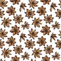 Watercolor painting of spice cinnamon stars. Seamless repeating print with cinnamon bark and spice flowers. A fragrant ingredient for baked goods or coffee. Isolated . Drawn by hand. png