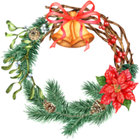 Christmas and New Year wreath. Wreath of Gossip of spruce, pine branches, mistletoe twigs, cones, poinsettia, bells with a red bow. Isolated. Drawn by hand. png