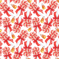 Seamless pattern with lollipops and caramels sweets. Lollipop clustered in a spiral, three-colored triangular caramels. Watercolor illustration isolated. Drawn by hand. png