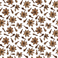 Watercolor painting pattern of cinnamon stars and cloves spices. Seamless repeating print with cinnamon bark and spice flowers. A fragrant ingredient for baked goods or coffee. Isolated. Drawn png