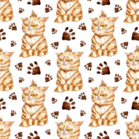 Watercolor painting pattern kitten and paw prints. Angry cat. Seamless repeating print for home decor or kids textiles. Isolated. Drawn by hand. png