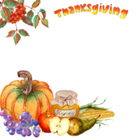 Thanksgiving corner frame. Rowan bunch, pumpkin, grapes, apple, pear, corn and honey. Watercolor illustration isolated. Drawn by hand. png