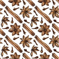 Watercolor painting pattern of spices with stars, cinnamon sticks and cloves. Seamless repeating print with cinnamon bark and spice flowers. A fragrant ingredient for baked goods or coffee. Isolated png