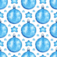 Watercolor painting pattern of shining Christmas balls and stars. Seamless repeating New Year, Christmas print for design. Isolated. Drawn by hand. png