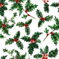 Holly seamless pattern. Watercolor holiday illustration green leaves and red berries. Christmas and New Year are isolated. Drawn by hand. png