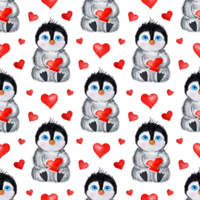 Watercolor painting pattern penguin and red hearts. Seamless repeating holiday print for valentine's day, christmas and new year. Image for posters, wallpapers, banners, postcards. Isolated png